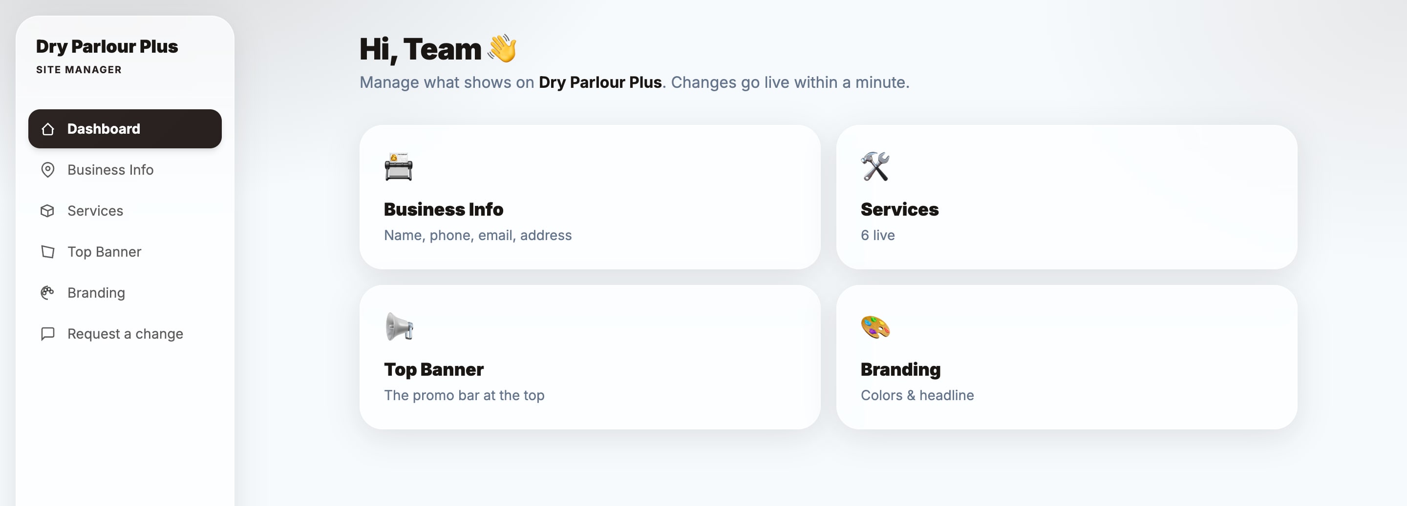 Your Dry Parlour Plus dashboard